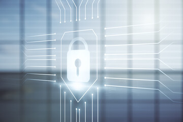 Poster - Double exposure of virtual creative lock hologram with chip on empty modern office background. Information security concept