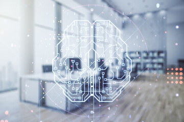 Aufkleber - Double exposure of creative artificial Intelligence interface on modern corporate office background. Neural networks and machine learning concept