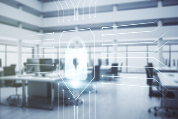 Poster - Virtual creative lock sketch with chip hologram on a modern furnished office interior background, protection of personal data concept. Multiexposure