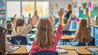 © SachiDesigns - classroom teacher and multiple students seated at desks, question raised hands answer educational childhood lesson