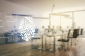 Aufkleber - Double exposure of virtual creative fingerprint hologram on modern corporate office background, research and development concept
