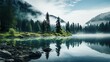 background of a lake shrouded in mist