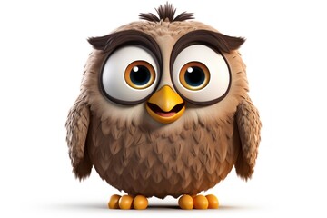  a brown and white owl with big eyes and a big smile on its face, sitting on a white surface.