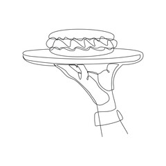 Wall Mural - Continuous single line sketch drawing of waitress hand holding tray with hot dog sausage mustard bread meat. One line art of delicious meal fast food restaurant serving vector illustration