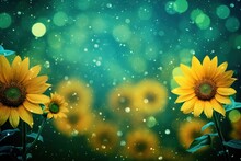 Three Yellow Sunflowers In Front Of A Blue And Green Boke Of Light With Bubbles In The Background.