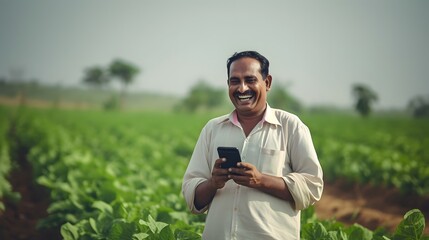 An indian farmer using his smart phone in the fields remotely