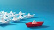Leadership concept, standout unique red boat leading from the front, paper boats on blue background. Generative ai