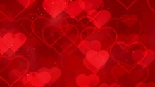 Abstract Heart Valentine Background With Bokeh Glitter Red Background For Valentine's Day. Falling Pulsating Red Hearts In A Red Haze. Seamless