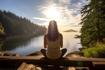 A young woman performing yoga exercises beside a lake