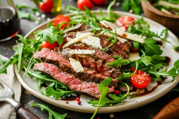 Wall Mural - Closeup view of Beef tagliata with arugula, cherry tomatoes, Grana Padano cheese shavings, and balsamic glaze