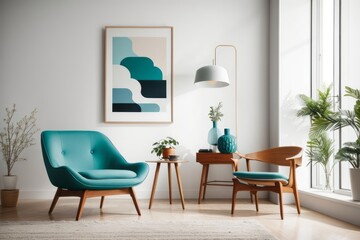 Wall Mural - Interior home design of living room with blue wooden chair and art poster frame on white wall