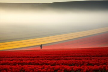 Wall Mural -  a lone person standing in a field of tulips with a rainbow of colors in the sky in the background.