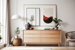 Scandinavian Interior home design of living room with wooden dresser and art poster frame