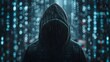 cyber security hacker with a hoodie hiding face at gloomy background. cyber security, hacker and technical world concept