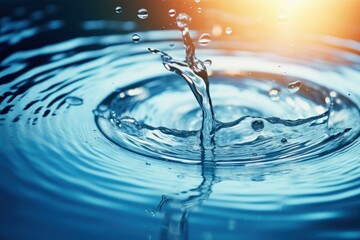 a close up of water splashing on the surface of a blue surface with a bright sun in the background.