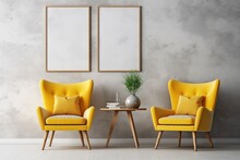  A Living Room With Two Yellow Chairs And A Table With A Vase On It And Two Framed Pictures On The Wall.