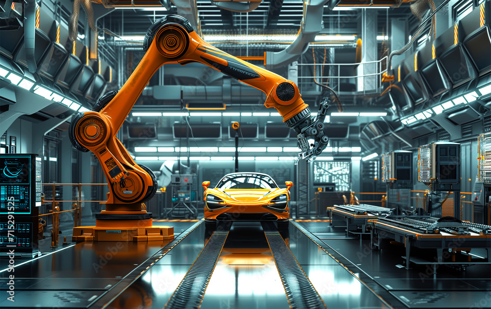 An AI generative image of robotic arm use in automative assembly ...