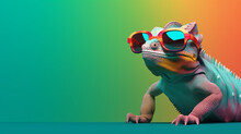Closeup Of A Colorful Chameleon Lizard, Chameleon Wearing Sunglasses On A Solid Color Background, Vector Art, Digital Art, Faceted, Minimal, Abstract, Wild Chameleon In Jungle, Generative Ai