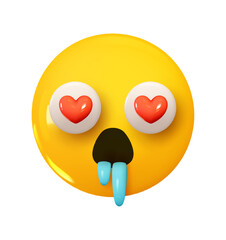 Wall Mural - in love face emoji with hearts instead of eyes, open mouth drooling. emotion 3d cartoon icon. yellow
