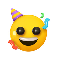 Wall Mural - emoji party celebration. emotion 3d cartoon icon. yellow round emoticon. vector illustration