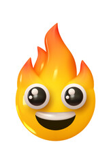Wall Mural - emoji smiling fire flames with big eyes. emotion 3d cartoon icon. yellow round emoticon. vector illu