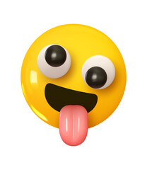 Wall Mural - zany stupid face emoji. emotion 3d cartoon icon. yellow round emoticon. vector illustration