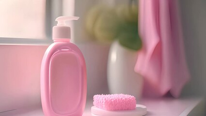 Wall Mural - Cozy bathroom background with pink liquid soap bottle.