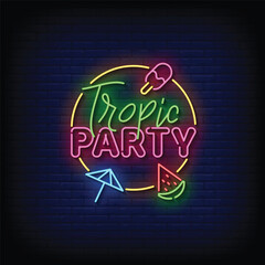 Wall Mural - Neon Sign tropic party with brick wall background vector