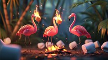 Cartoon Scene Of A Roasting Marshmallow Contest But Instead Of Using Sticks The Flamingos Are Using Their Long Beaks To Perfectly Toast Their Treats. Its A Birdeatbir