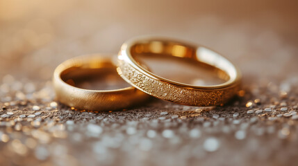 Wall Mural - Two golden wedding bands on a sparkling surface, symbolizing love and commitment, with a soft-focus background