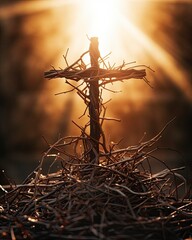 cross made of wood and crown of thorns, illuminated with sunlight, blurred background - generative ai