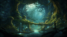 A Whimsical Fantasy Scene Showing A Lush Enchanted Enchanted Forest With Mythical Creatures