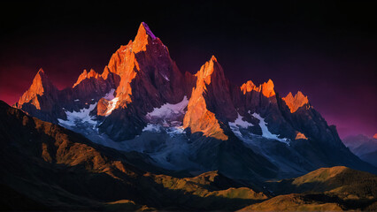 Poster - Sunset Glow Wall Art, Majestic Mountain Peaks Illuminated, Nature Landscape, Warm Glow, Rugged Peaks, Mystical Aura