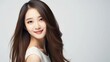 © Vibes - Beautiful Asian Chinese Woman Portrait Studio Photo Photography Profile Picture Young Model with Long Hair for Fashion Beauty Skincare Haircare Products on White Light Color Background 16:9