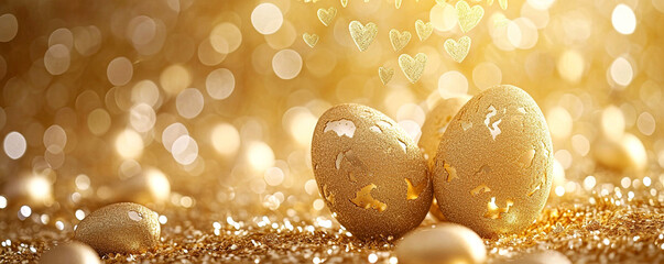 Golden Easter eggs with gold decor and silk ribbons on a gold background, bokeh, sun rays. Banner, card with place for text. Free space for copying. Religious holidays concept