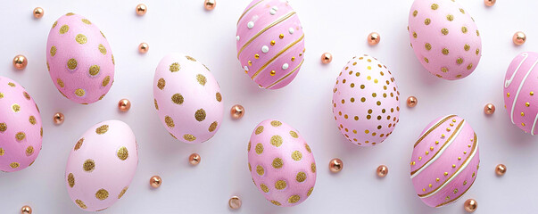 Wall Mural - Pink Easter eggs with gold decoration on a white background. Banner, greeting card, ornament. Free copy space, top view. Religious holidays concept