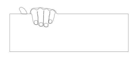 One continuous line drawing of hand holding a board rectangle. Doodle outline vector illustration