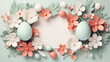 Easter card with floral arrangement with pastel flowers and eggs in paper cut art style and with copy space in the center