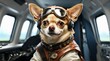a portrait photo of a chihuahua dressed as a pilot, seated in the cockpit of a commercial airliner.