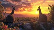 Two lovestruck llamas sharing a romantic picnic on a patch of pion fruit vines with a picturesque sunset over the plateau serving as their backdrop