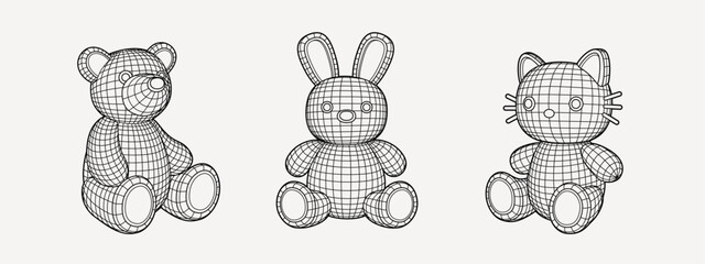 Wall Mural - y2k grid wireframe bear bunny cat toy. geometry cyberpunk shapes in neon pink color.