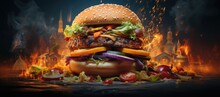 Hamburger Showcased Against A Black Backdrop.