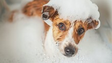 A Dog's Amusing Portrait Features It Showering With Shampoo, Taking A Comical Bubble Bath, Ai Generated.