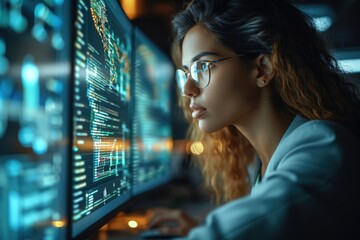 Poster - A Software programmer Writing Software Code for Innovative Big Data Blockchain Project, Female Artificial Intelligence engineer working on computer in a technological Office. Generative AI.