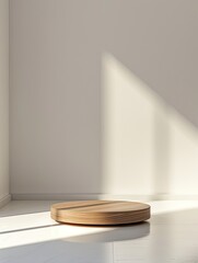 Poster - Wooden circular podium in white clean room. Front view - minimalism background for cosmetics, food or jewelry