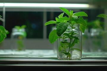 Aufkleber - Plant research, green plant in a glass jar in a laboratory. Ecological breeding and plant development.
