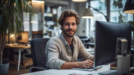 Aufkleber - A man sitting in a modern office, Intensely working on their computer. Generative AI.