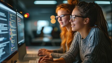 Aufkleber - Two female software engineers talking, working and excited about a breakthrough as software code displayed on screen. Generative AI.