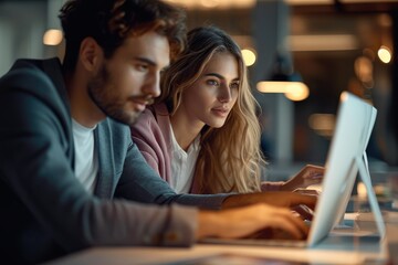 Fototapete - Two young business colleagues working on a computer together in the office. Generative AI.