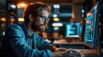 Leinwandbilder - Busy AI developer immersed in coding at the office. Generative AI.